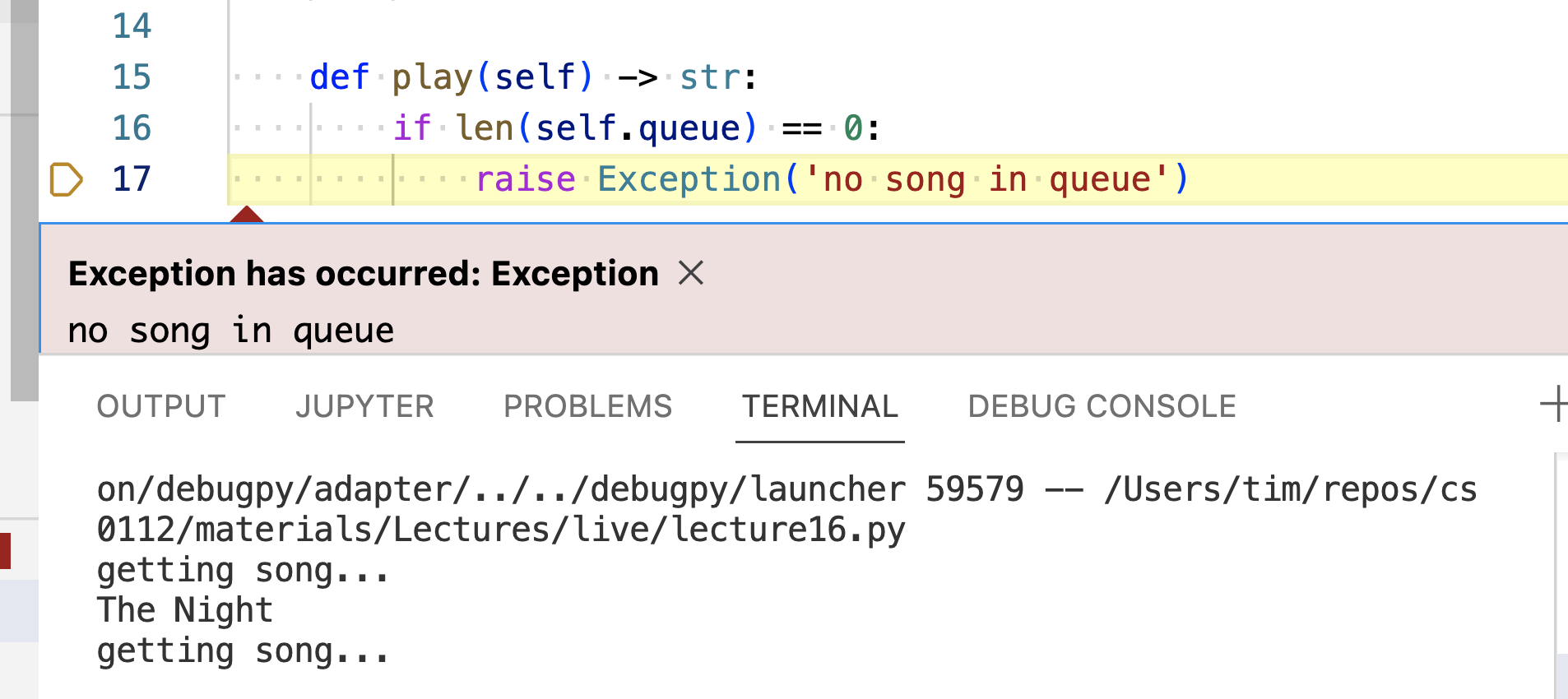 An exception being shown in the debugger